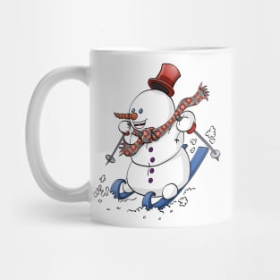 A snowman on skies with a red hat Mug